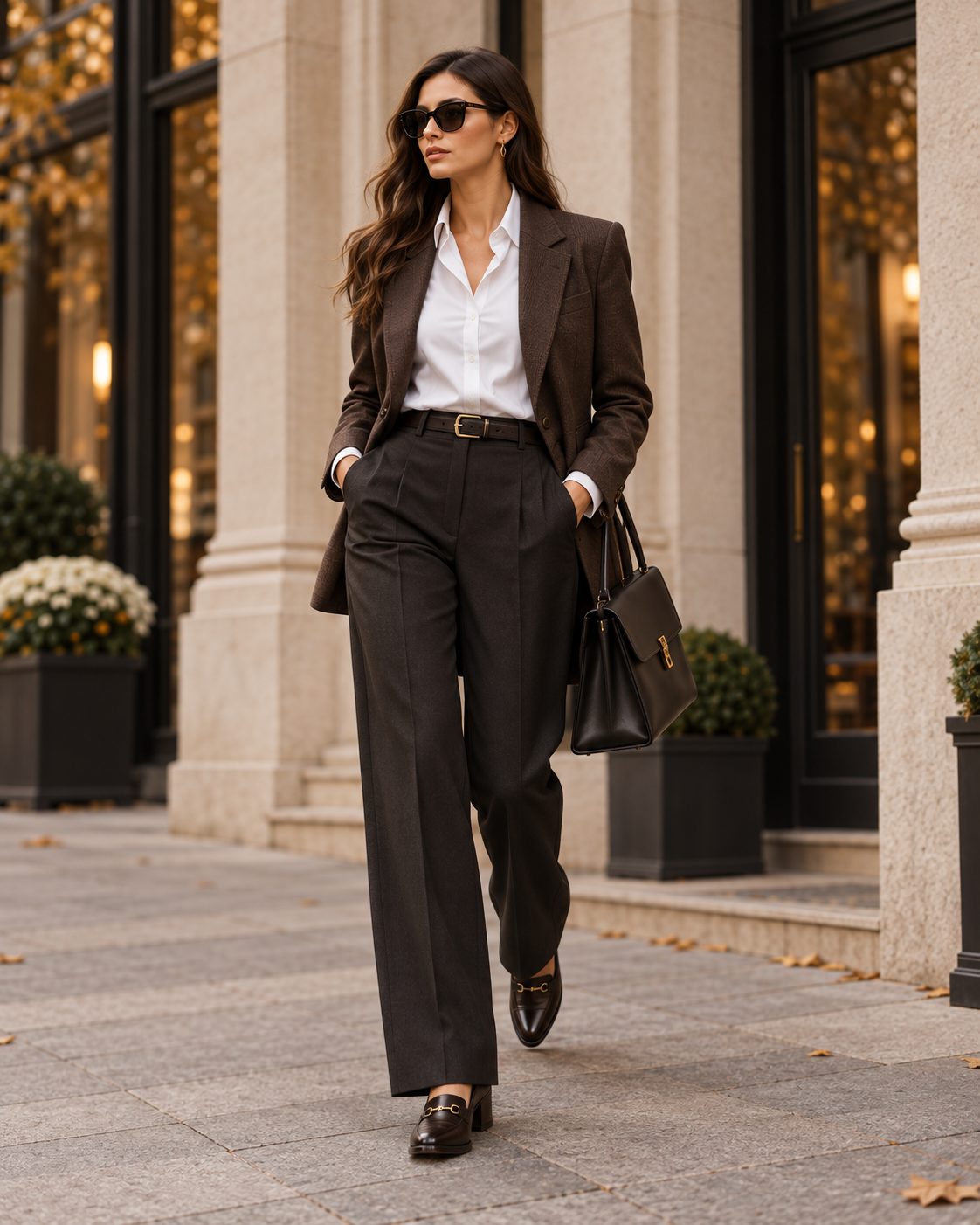 Elegantni jesenski outfit sa smeđim sakoom bijelom košuljom i hlačama