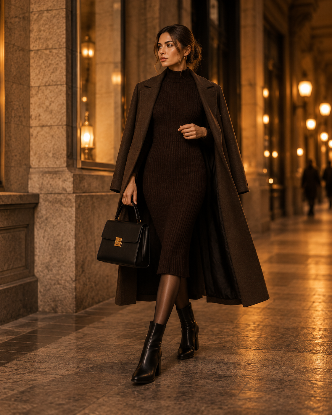 Elegantni jesenski outfit s tamnom pletenom haljinom dugim kaputom i gležnjačama