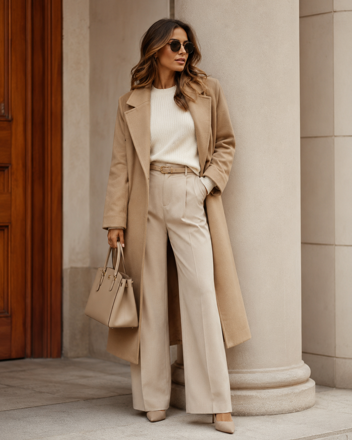 Elegantni ženski outfit u bež, krem i camel nijansama