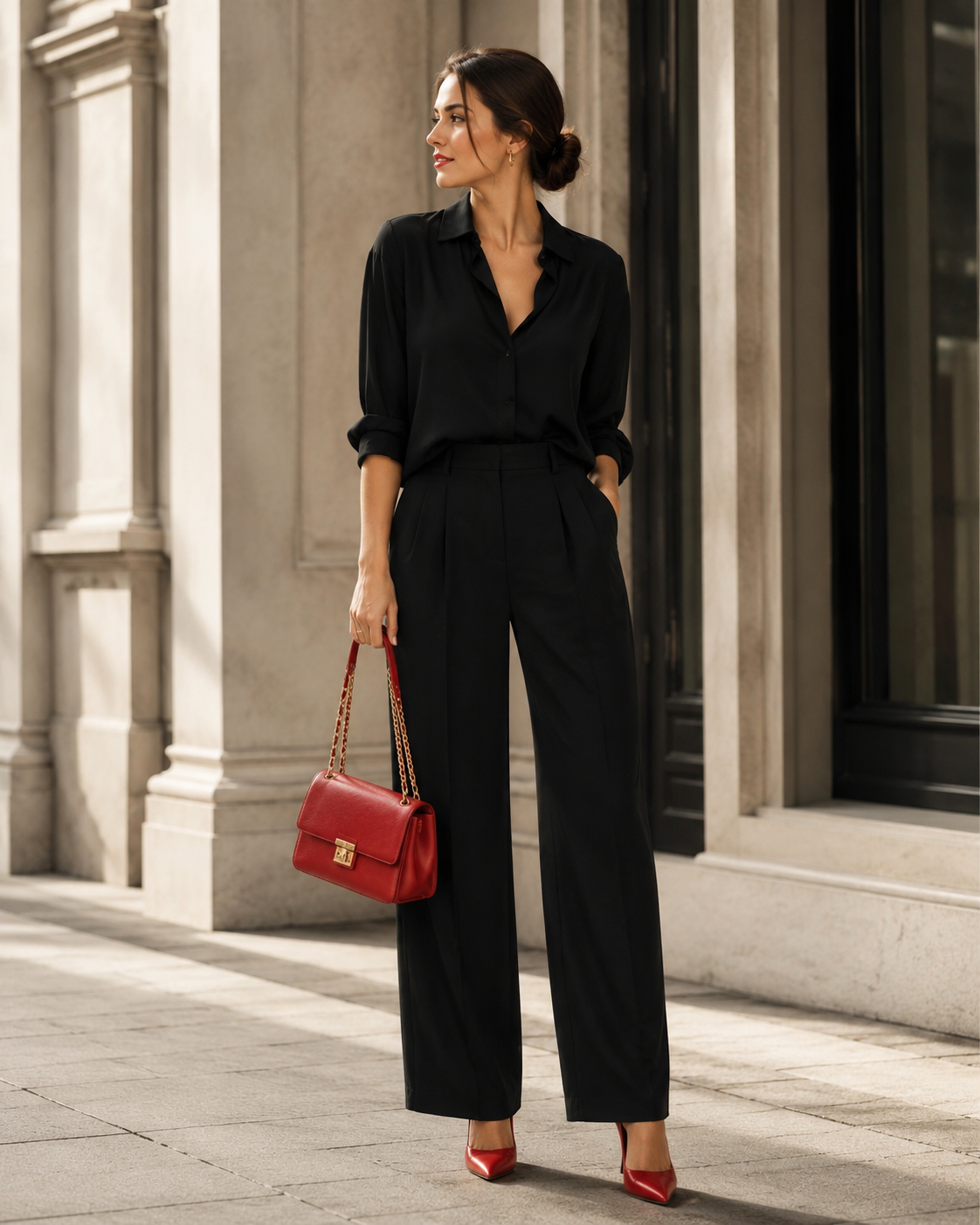 Crni ženski outfit s upečatljivim crvenim modnim akcentom