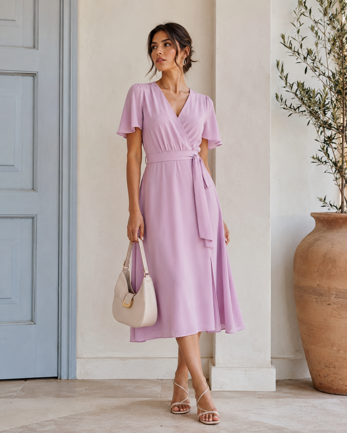 Pastelni ženski outfit u boji lavande sa svijetlim dodacima