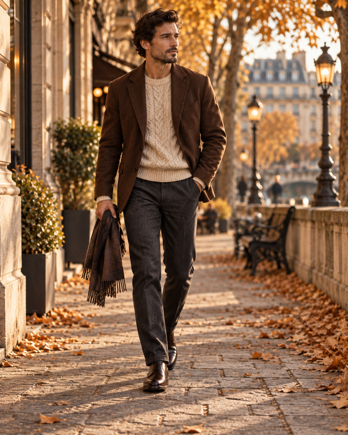 Muška smart casual kombinacija sa smeđim sakoom svijetlim puloverom i hlačama